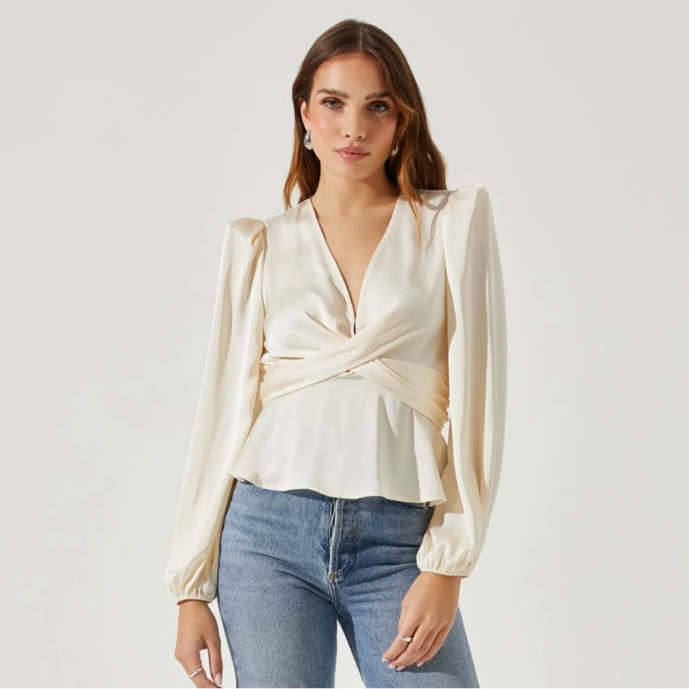Astr Cream Wrap Peplum Blouse with Long Sleeves